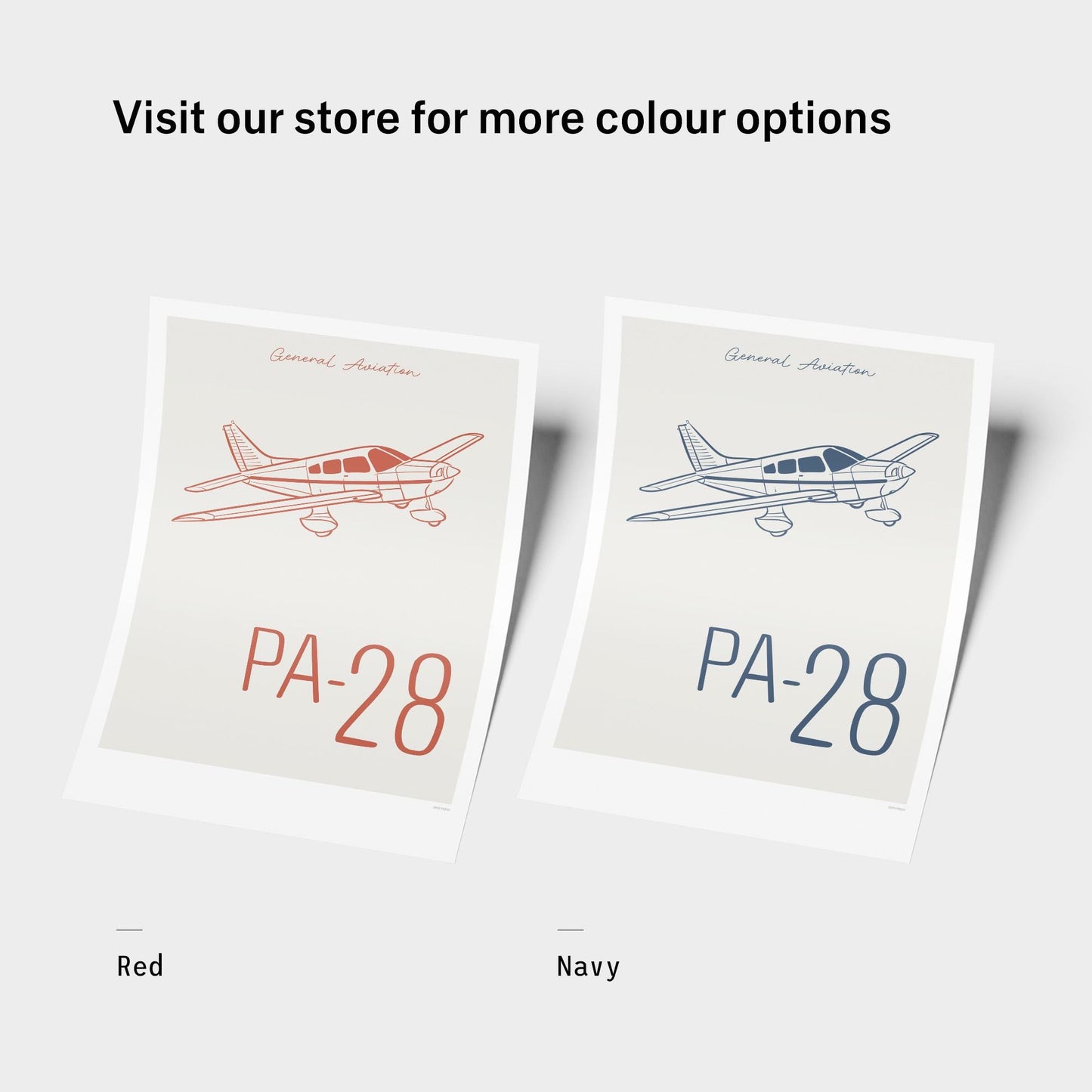 Writing that says visit our store for more colour options, Red and Navy with the correspondent prints next to each