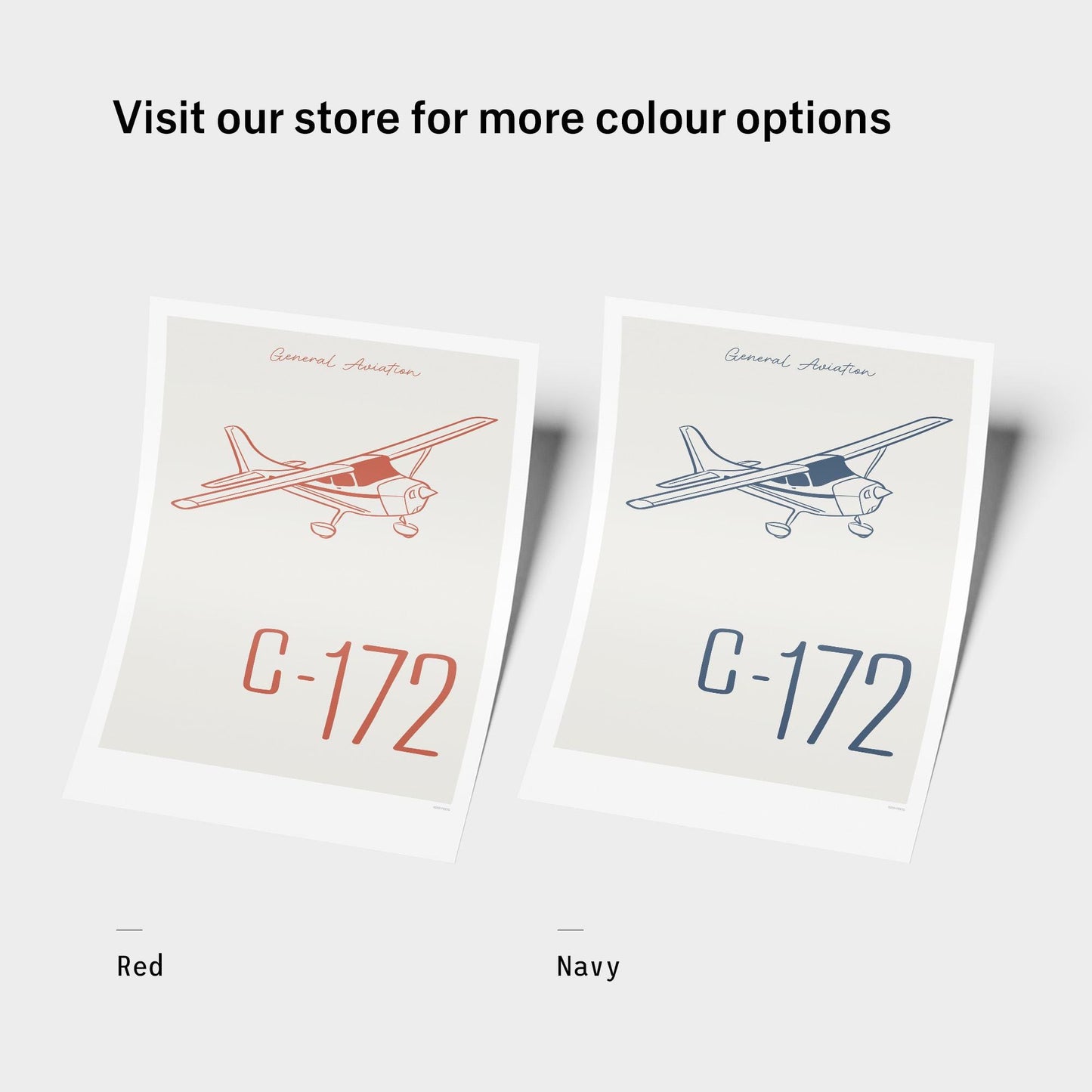 Writing that says visit our store for more colour options, Red and Navy with the correspondent prints next to each
