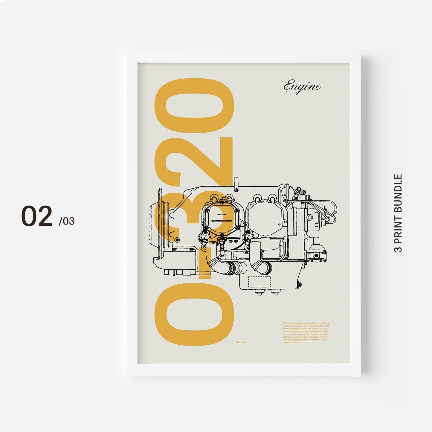 A poster on a white frame showing an o-320 aircraft engine in line drawing style with the word o-320 written big in mustard yellow
