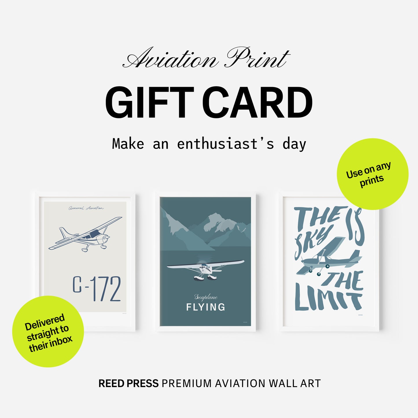 Three framed prints showing light aircraft drawings and the words aviation print gift card make an enthusiast's day read press premium aviation wall art