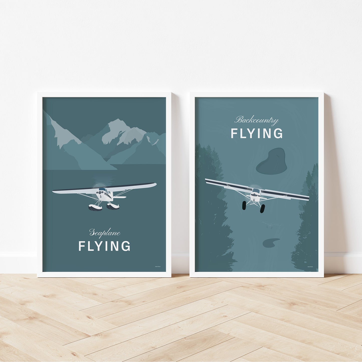 2 framed posters standing on wood flooring, leaning against a white wall. Each shows a white illustration of a light aircraft and a a teal coloured background with nature elements