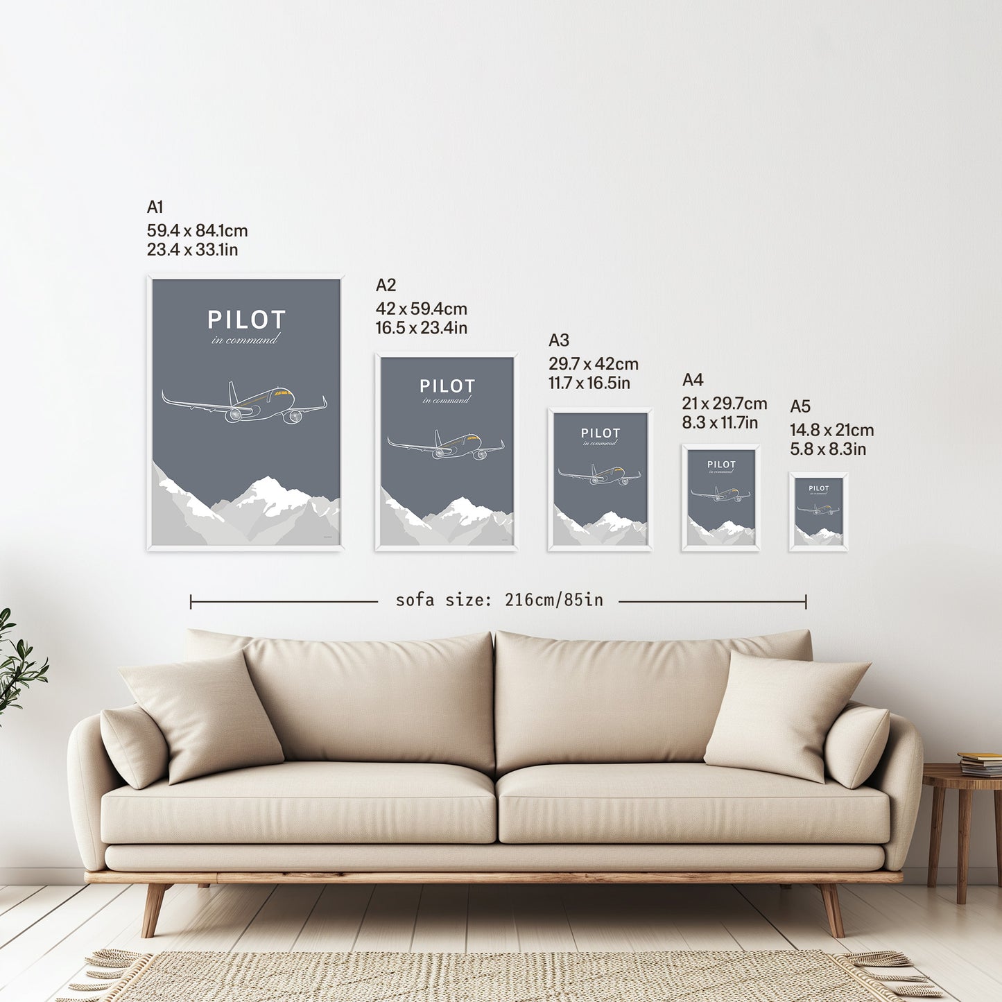 5 framed posters hanging on a white wall above a sofa. They are arranged according to size from A1 down to A5 with the correspondent measurements listed in inches and centimetres next to each
