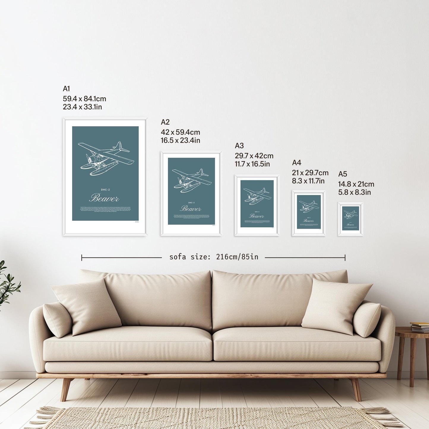 5 framed posters hanging on a white wall above a sofa. They are arranged according to size from A1 down to A5 with the correspondent measurements listed in inches and centimetres next to each
