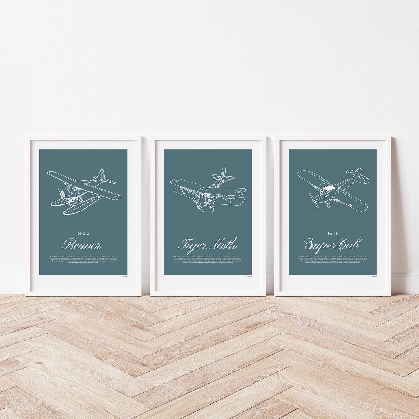 3 framed posters standing on wood flooring, leaning against a white wall. Each shows a white illustration on a teal background of a light aircraft - DHC-2 Beaver, Tiger Moth, PA-18 Super Cub