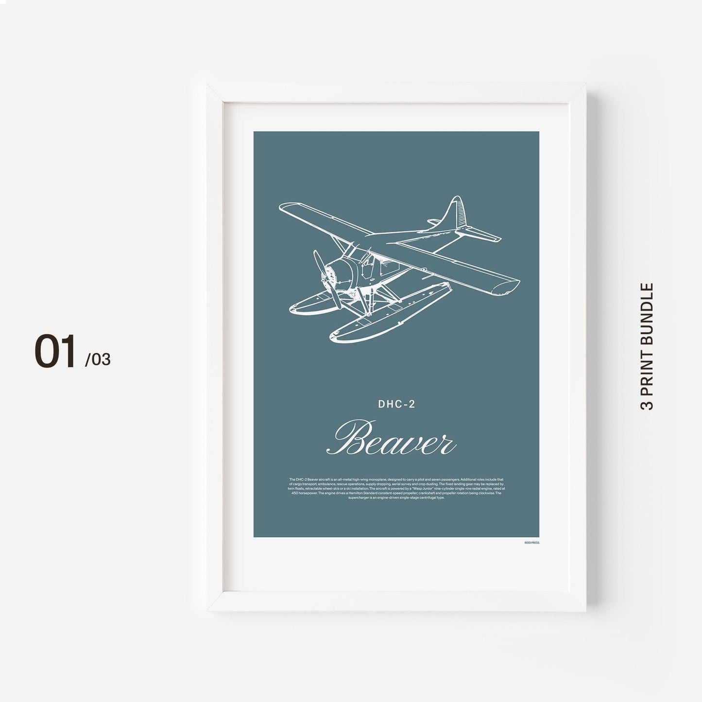 A poster on a white frame showing a light aircraft illustration with the words DHC-2 Beaver in white over a teal background