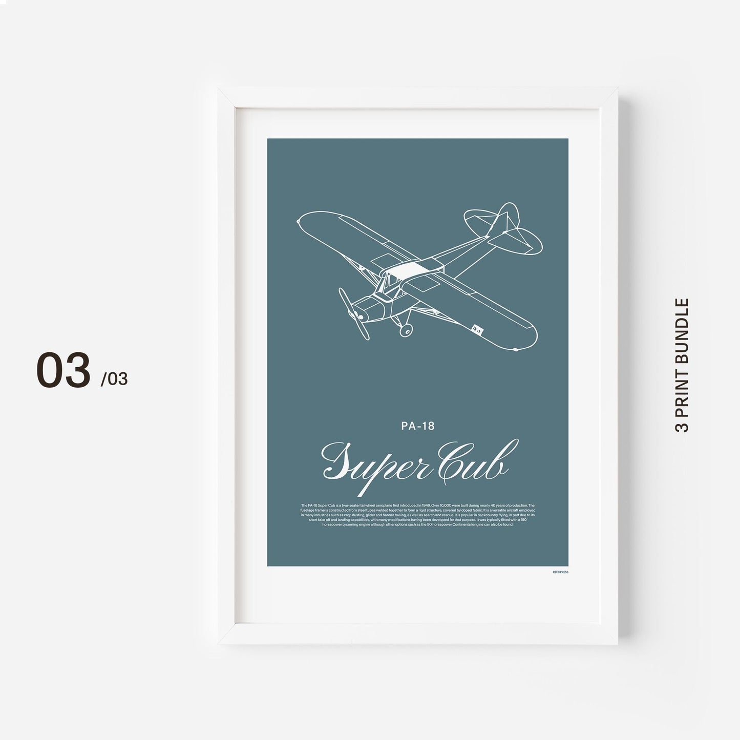 A poster on a white frame showing a light aircraft illustration with the words PA-18 Super Cub in white over a teal background