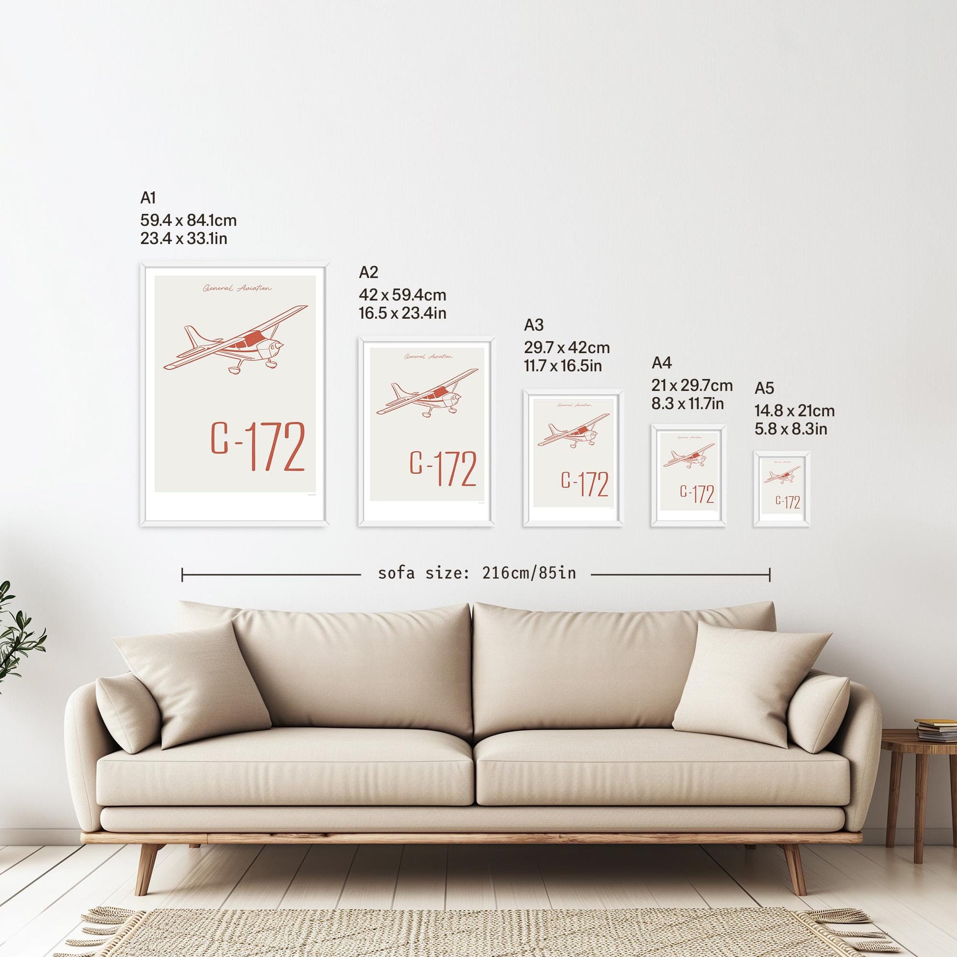 5 framed posters hanging on a white wall above a sofa. They are arranged according to size from A1 down to A5 with the correspondent measurements listed in inches and centimetres next to each