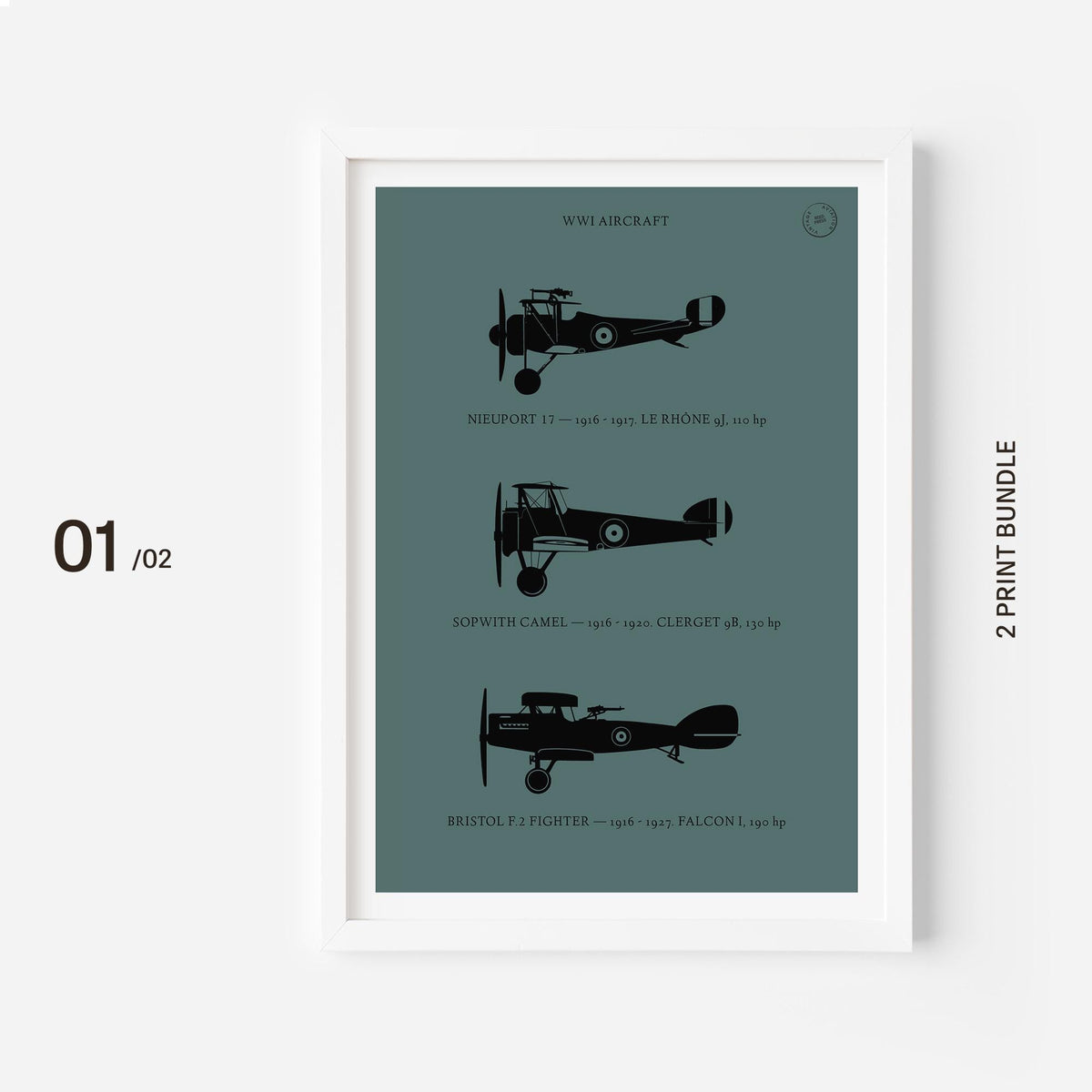 A poster on a white frame showing the profiles of three WW1 period aeroplanes in a black silhouette style over a dark green background 