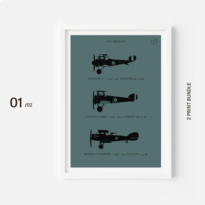 A poster on a white frame showing the profiles of three WW1 period aeroplanes in a black silhouette style over a dark green background 