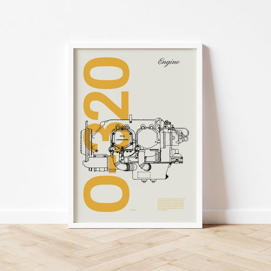 Framed poster standing on wood flooring, leaning against a white wall. It shows an o-320 aircraft engine in line drawing style with the word o-320 written big in mustard yellow