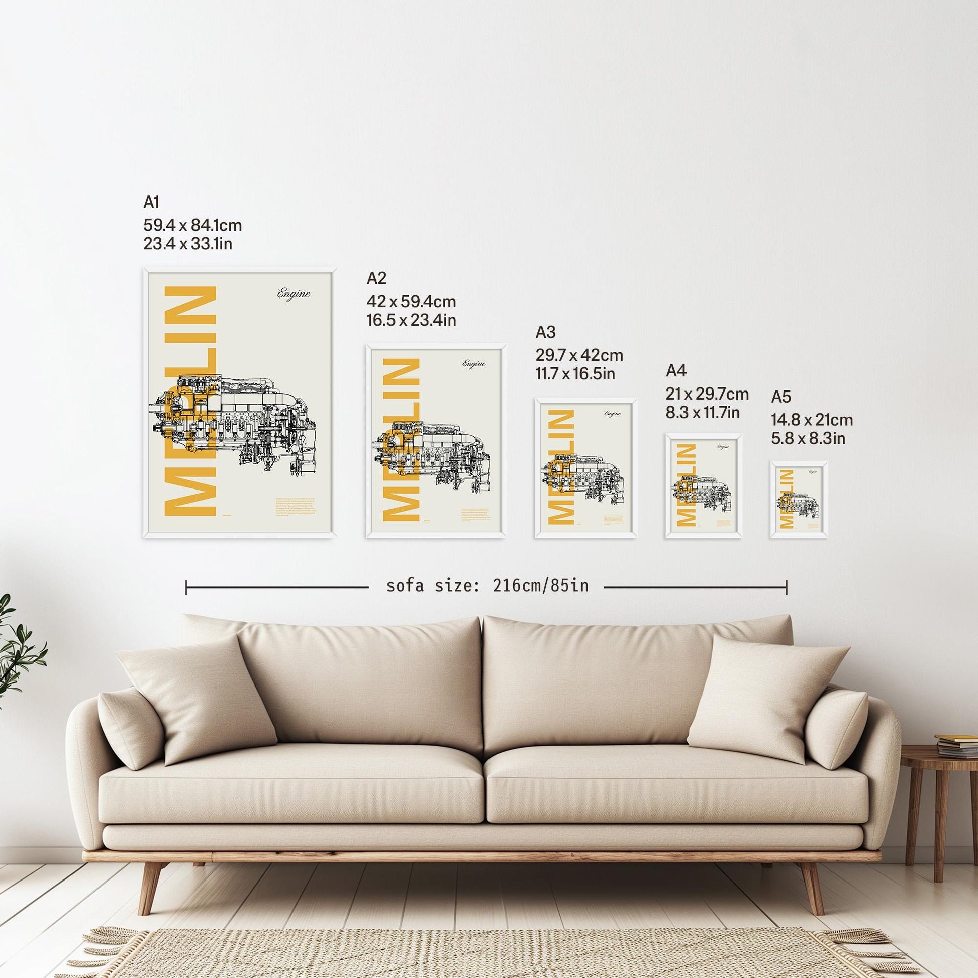 5 framed posters hanging on a white wall above a sofa. They are arranged according to size from A1 down to A5 with the correspondent measurements listed in inches and centimetres next to each