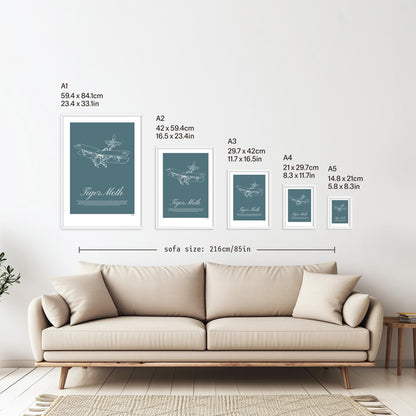 5 framed posters hanging on a white wall above a sofa. They are arranged according to size from A1 down to A5 with the correspondent measurements listed in inches and centimetres next to each