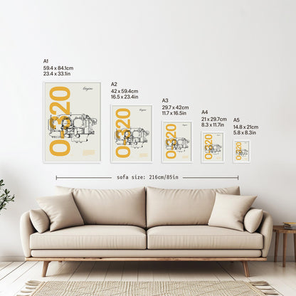 5 framed posters hanging on a white wall above a sofa. They are arranged according to size from A1 down to A5 with the correspondent measurements listed in inches and centimetres next to each