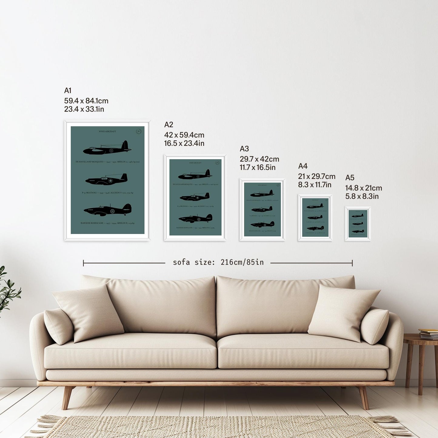 5 framed posters hanging on a white wall above a sofa. They are arranged according to size from A1 down to A5 with the correspondent measurements listed in inches and centimetres next to each