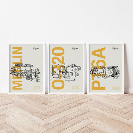 3 framed posters standing on wood flooring, leaning against a white wall. Each shows a famous aircraft engines in line drawing style, with the engine name written big in mustard yellow