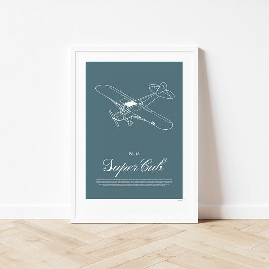 Framed poster standing on wood flooring, leaning against a white wall. It shows a light aircraft illustration with the words PA-18 Super Cub in white over a teal background