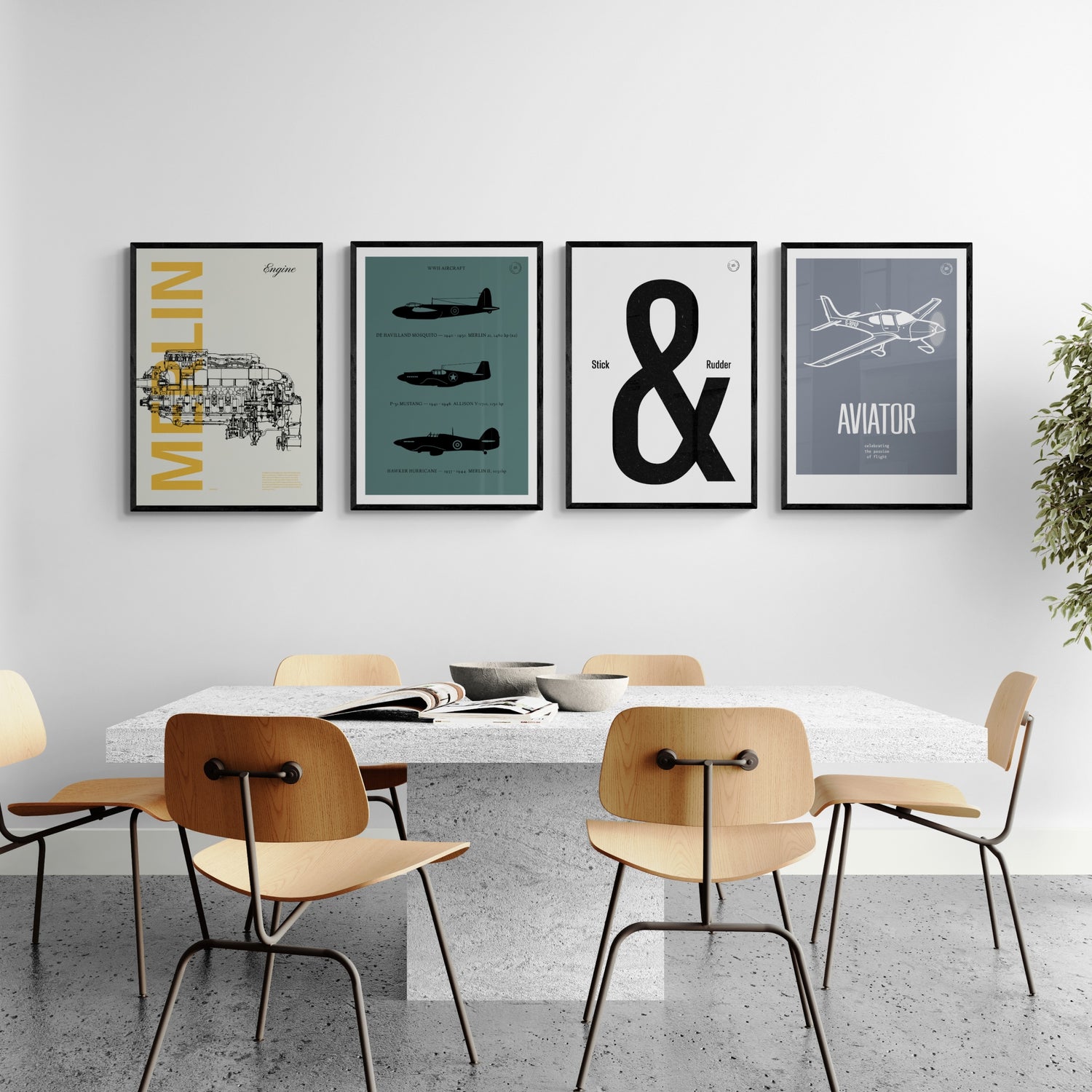 Four framed prints with aviation themes hanging on a modern dining room. The first shows a Merlin engine the second shows three World War II aircraft in stencil styles. The third shows a typographic composition with the words stick and rudder the fourth shows an illustrated aeroplane with the word aviator