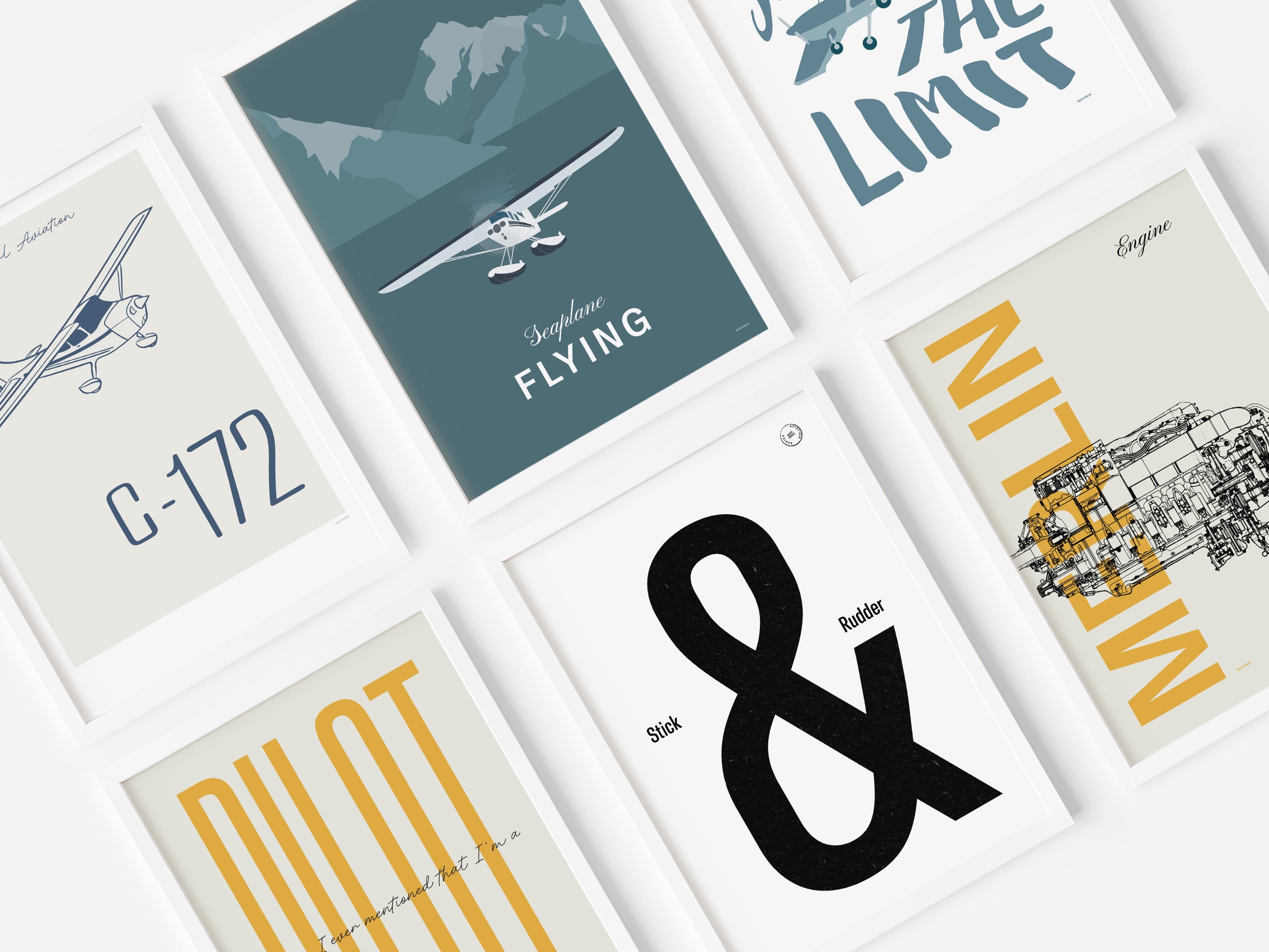 A composition showing 2 framed prints with aviation themes. Left to right, top to bottom: C-172, Seaplane Flying, Sky Is The Limit, Have I Ever Mentioned That I'm a Pilot, Stick & Rudder and Merlin 