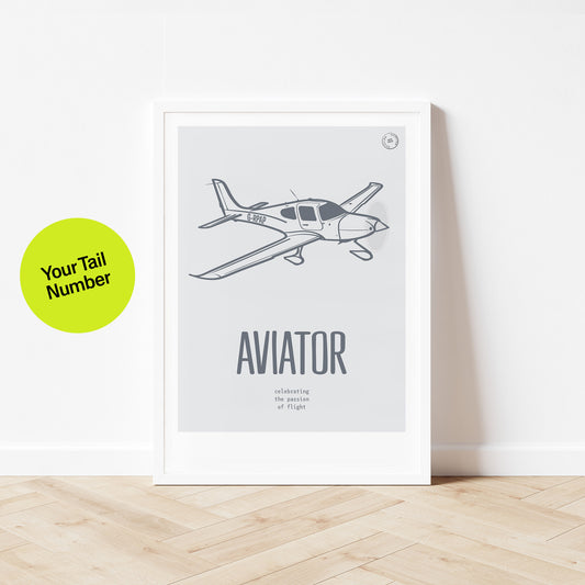 Framed poster standing on wood flooring, leaning against a white wall. It shows a light aircraft illustration in dark grey over a light grey background with the word Aviator in large white letters.