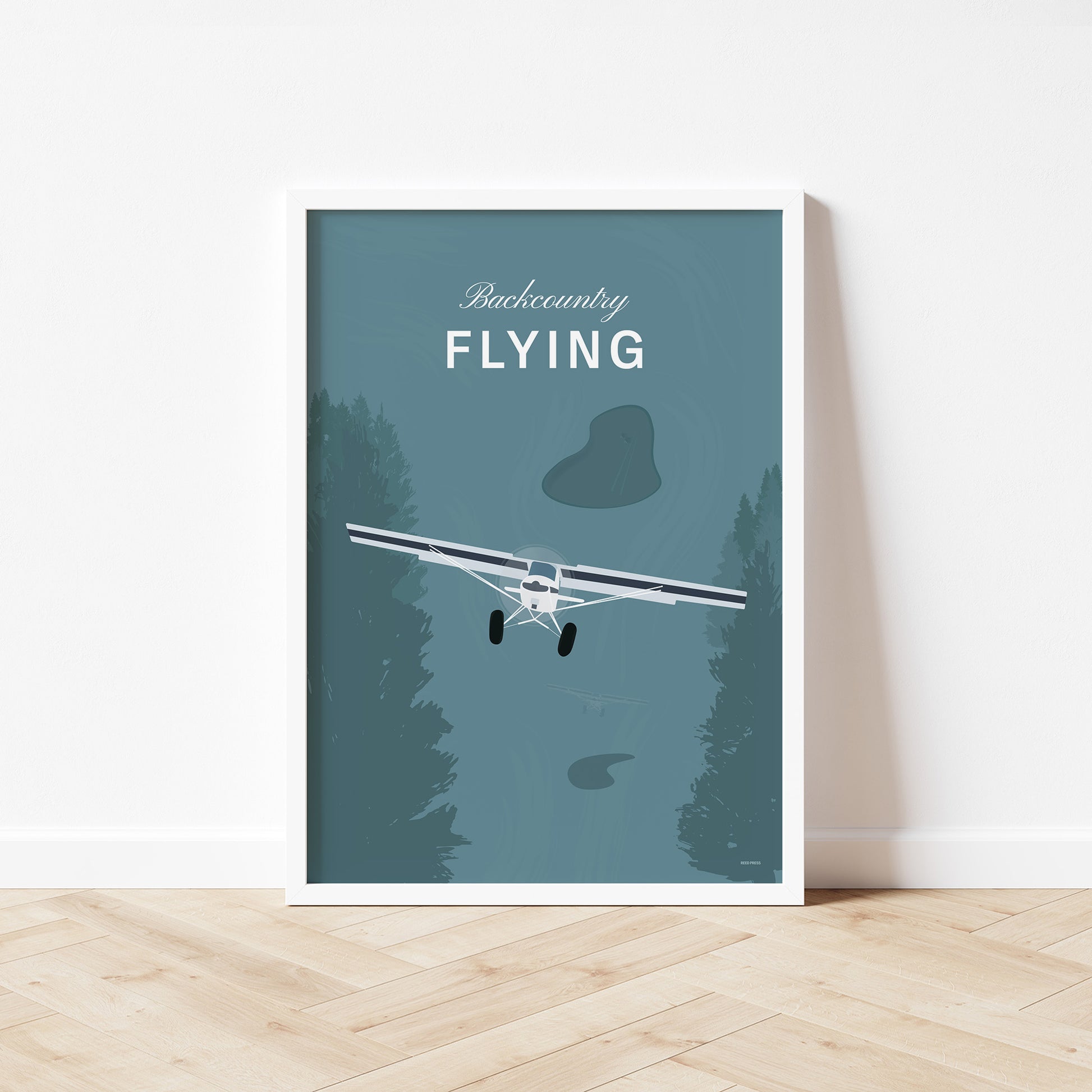 Framed poster standing on wood flooring, leaning against a white wall. It shows a white illustration of a light aircraft with trees around it and a a teal coloured background and the words backcountry flying