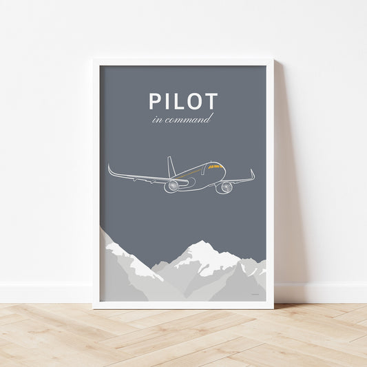 Framed poster standing on wood flooring, leaning against a white wall. It shows a white illustration of a passenger aircraft over mountains on a grey background and the words pilot in command