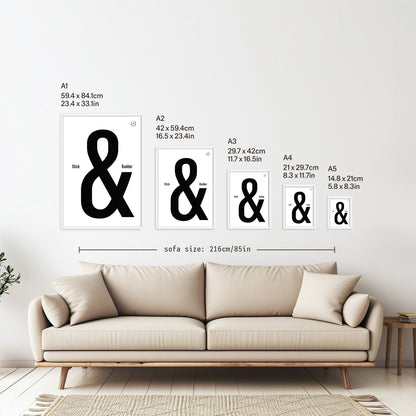 5 framed posters hanging on a white wall above a sofa. They are arranged according to size from A1 down to A5 with the correspondent measurements listed in inches and centimetres next to each