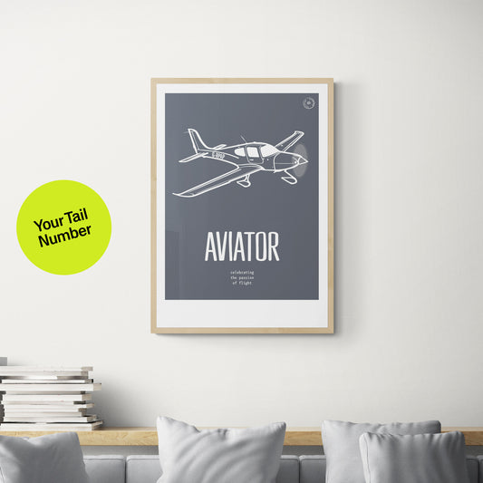 A framed print hanging over a grey sofa next to a pile of books. It shows a light aircraft illustration in white over a grey background with the word Aviator in large white letters.