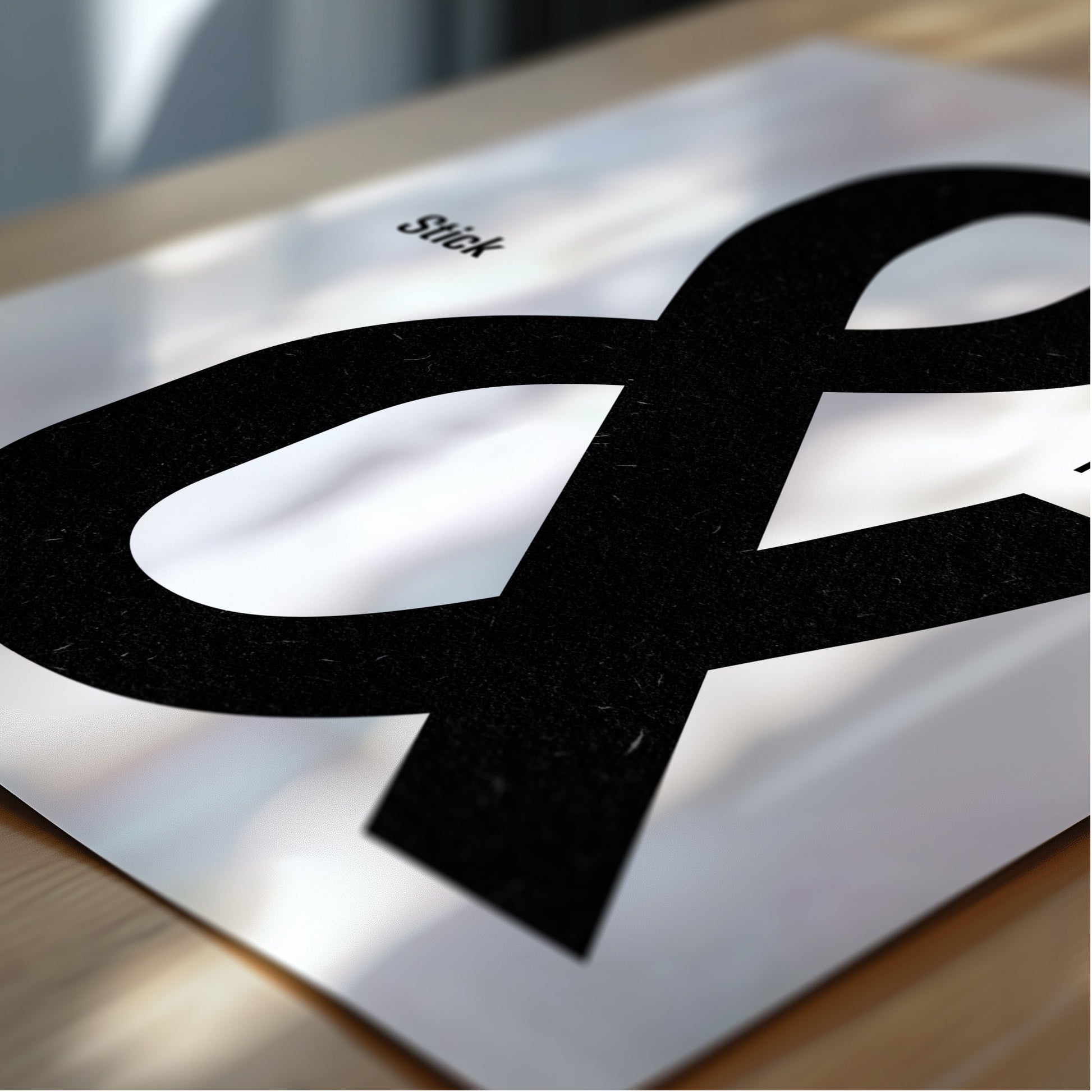 An unframed poster on a table with soft lighting. It shows the words stick & rudder in black with the & being large and stick/rudder being small 