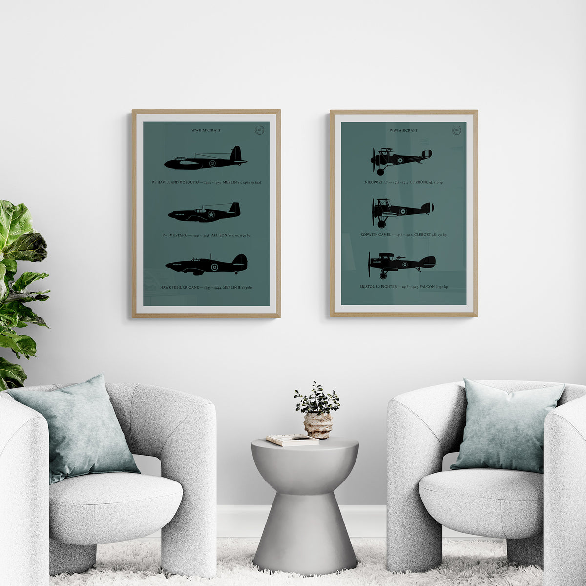 Two framed prints hanging in a modern living room over two chairs. The first shows three World War One aircraft in silhouette style and the second shows three World War Two aircraft in silhouette style. Both in black over a dark grey background