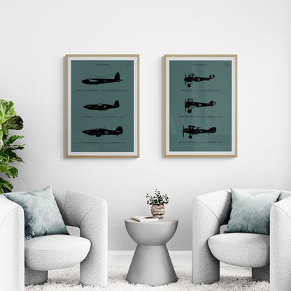 Two framed prints hanging in a modern living room over two chairs. The first shows three World War One aircraft in silhouette style and the second shows three World War Two aircraft in silhouette style. Both in black over a dark grey background