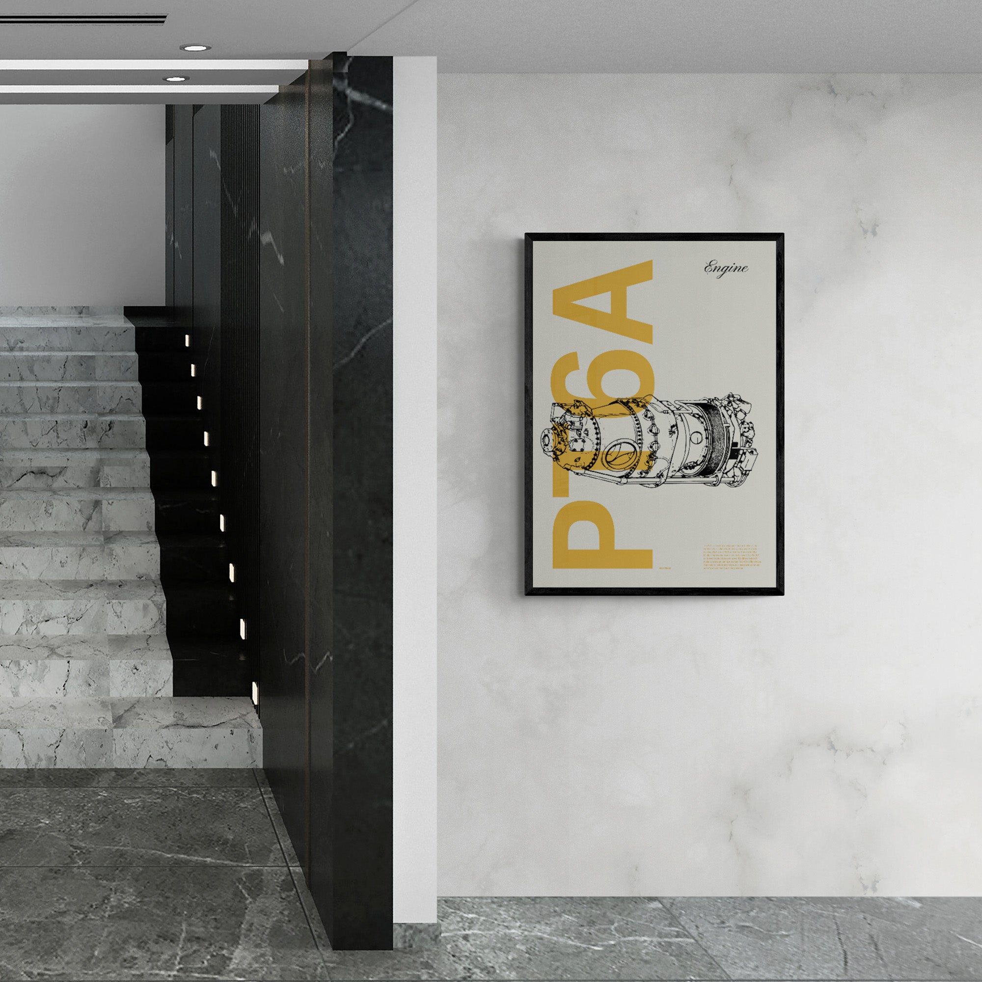 A framed poster hanging on a white marble wall next to a light, grey marble staircase. It shows a PT6A aircraft engine in line drawing style with the word PT6A written big in mustard yellow