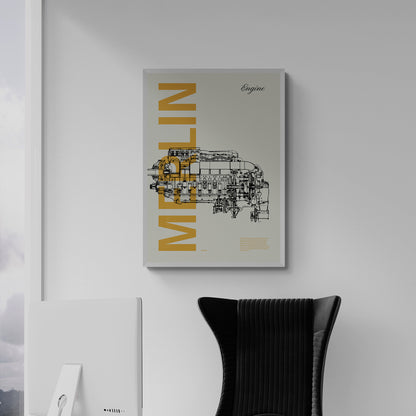 A framed poster hanging on a modern office over a chair and a computer. It shows a Merlin aircraft engine in line drawing style with the word Merlin written big in mustard yellow