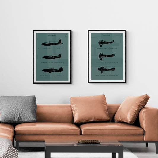 Two framed prints hanging over a leather sofa in a modern living room. The first shows three World War One aircraft in silhouette style and the second shows three World War Two aircraft in silhouette style. Both in black over a dark grey background