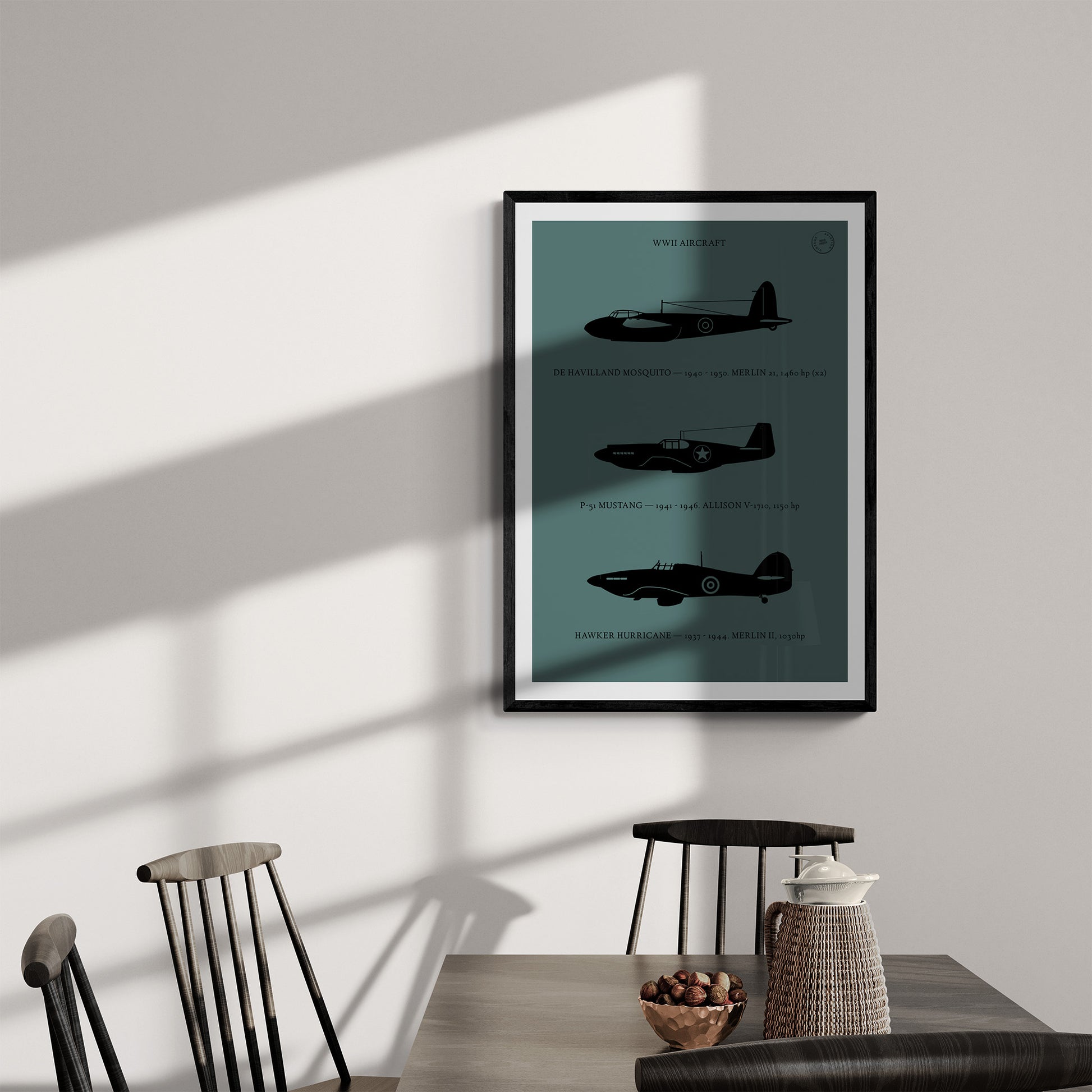 A framed poster hanging in a dining room over a dark wood table and chairs. It shows the profiles of three WW1 period aeroplanes in a black silhouette style over a dark green background 
