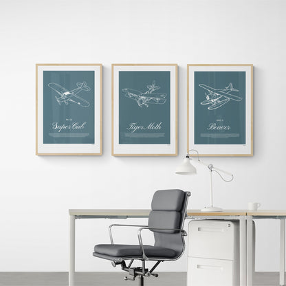 Three framed posters hanging in an office over a desk with a lamp and chair. Each shows a white illustration on a teal background of a light aircraft - DHC-2 Beaver, Tiger Moth, PA-18 Super Cub
