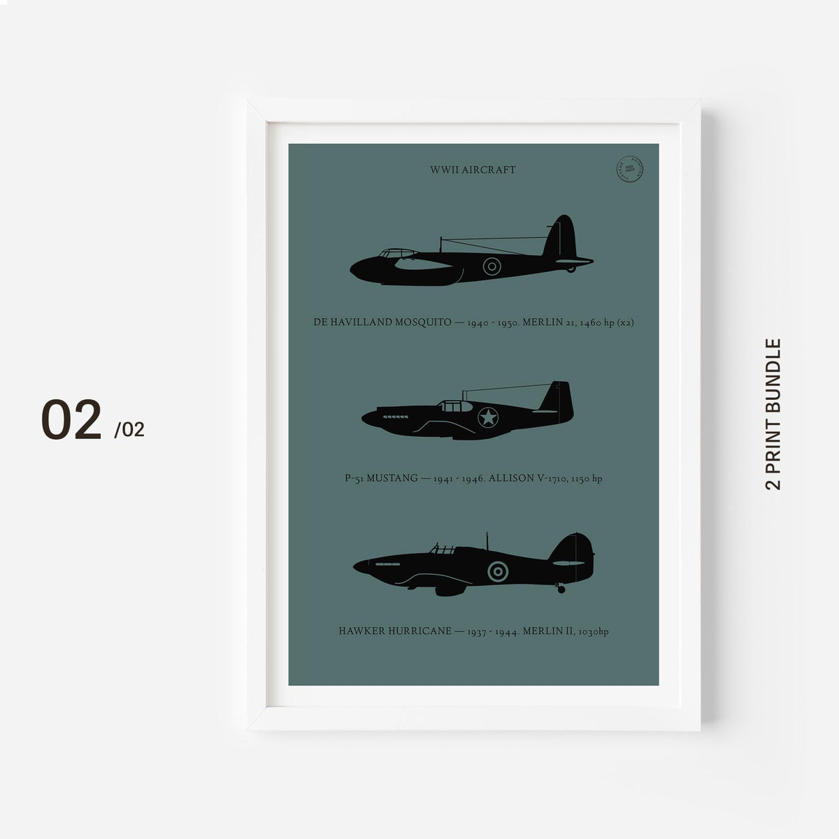 A poster on a white frame showing the profiles of three WW2 period aeroplanes in a black silhouette style over a dark green background 