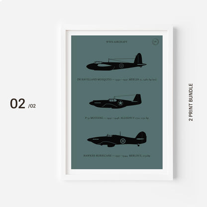 A poster on a white frame showing the profiles of three WW2 period aeroplanes in a black silhouette style over a dark green background 