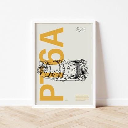 Framed poster standing on wood flooring, leaning against a white wall. It shows a PT6A aircraft engine in line drawing style with the word PT6A written big in mustard yellow