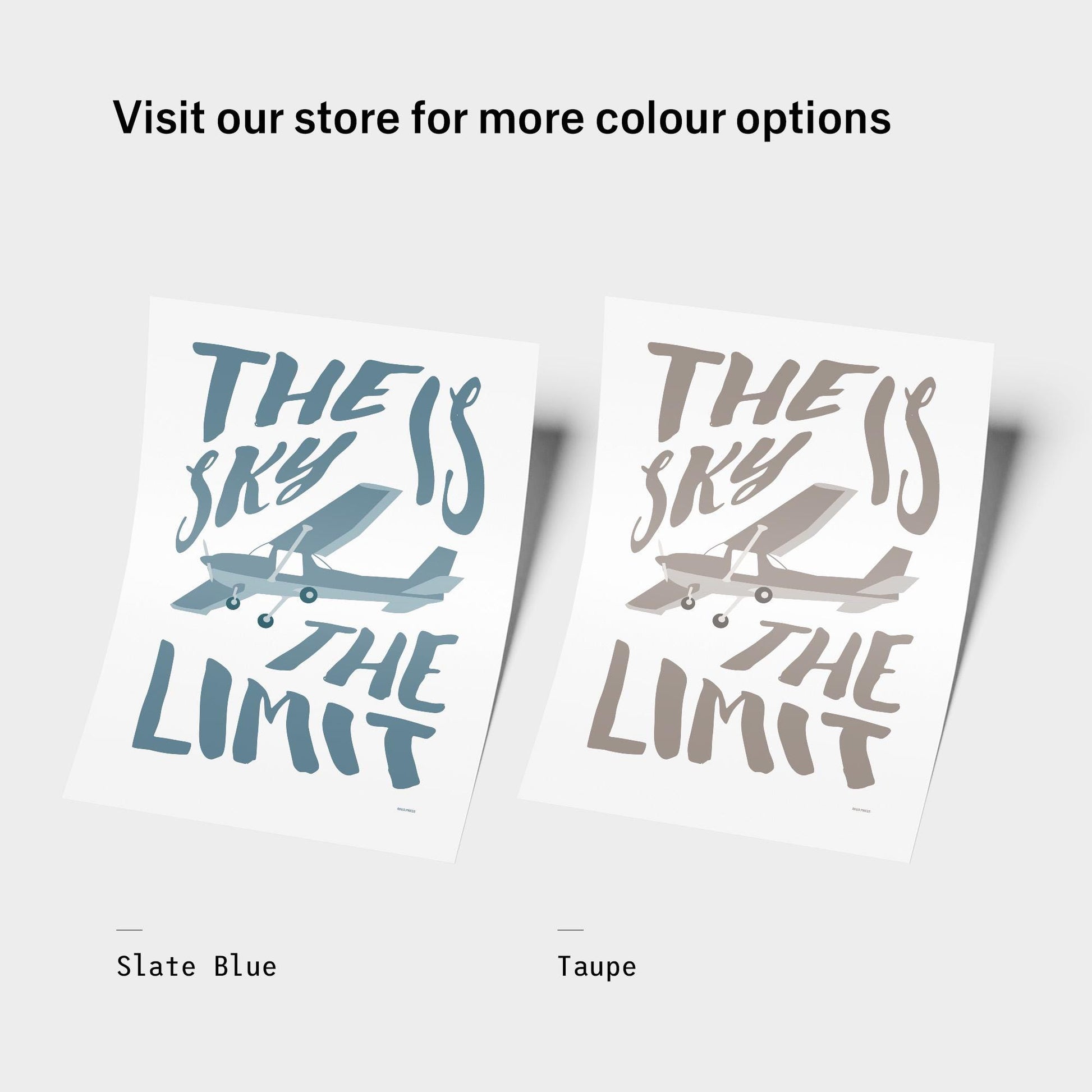 Writing that says visit our store for more colour options, Slate Blue and Taupe with the correspondent prints next to each