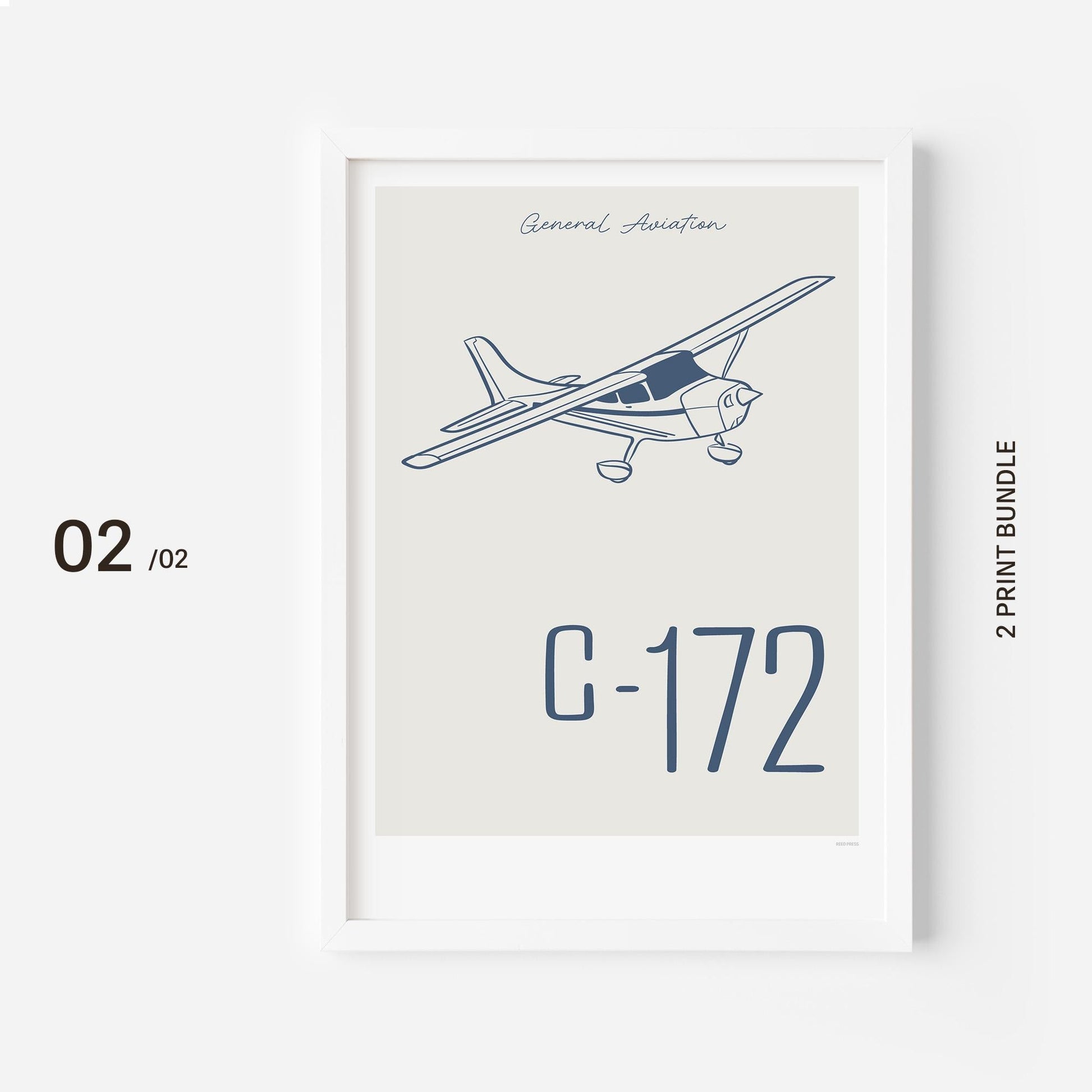 A poster on a white frame showing a light aircraft illustration with the words General Aviation and C-172 in navy blue