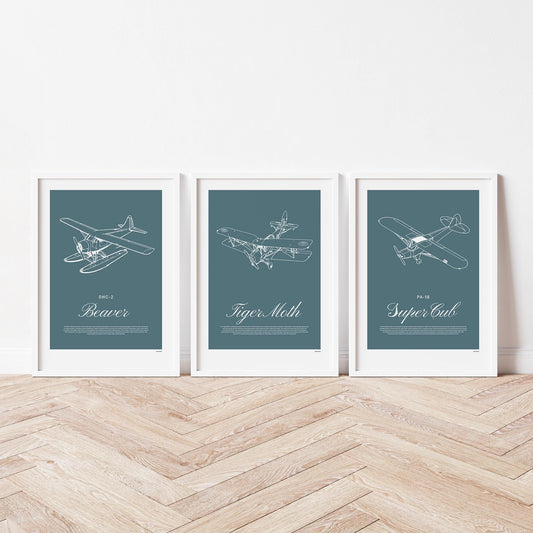 3 framed posters standing on wood flooring, leaning against a white wall. Each shows a white illustration on a teal background of a light aircraft - DHC-2 Beaver, Tiger Moth, PA-18 Super Cub