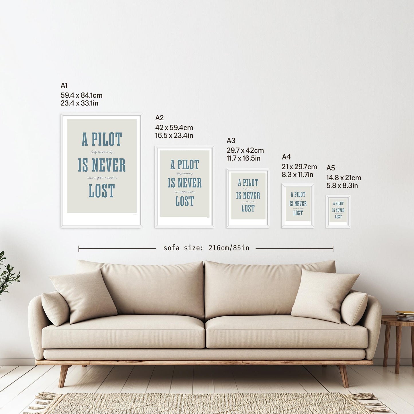 5 framed posters hanging on a white wall above a sofa. They are arranged according to size from A1 down to A5 with the correspondent measurements listed in inches and centimetres next to each