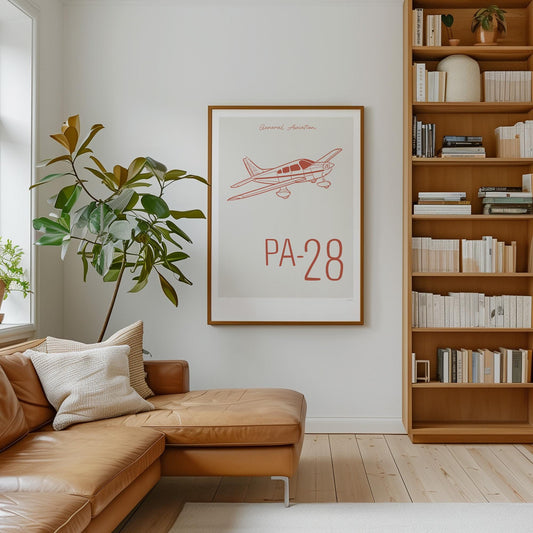 Large framed poster hanging on a wall with mid century decor and plants, predominantly in natural wood colours. It shows a light aircraft illustration with the words General Aviation and PA-28 in red