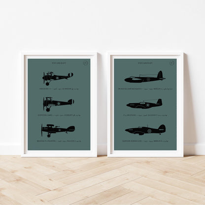 Two framed posters standing on wood flooring, leaning against a white wall. Each shows the profiles of 3 historic aeroplanes in a black silhouette style over a dark green background 