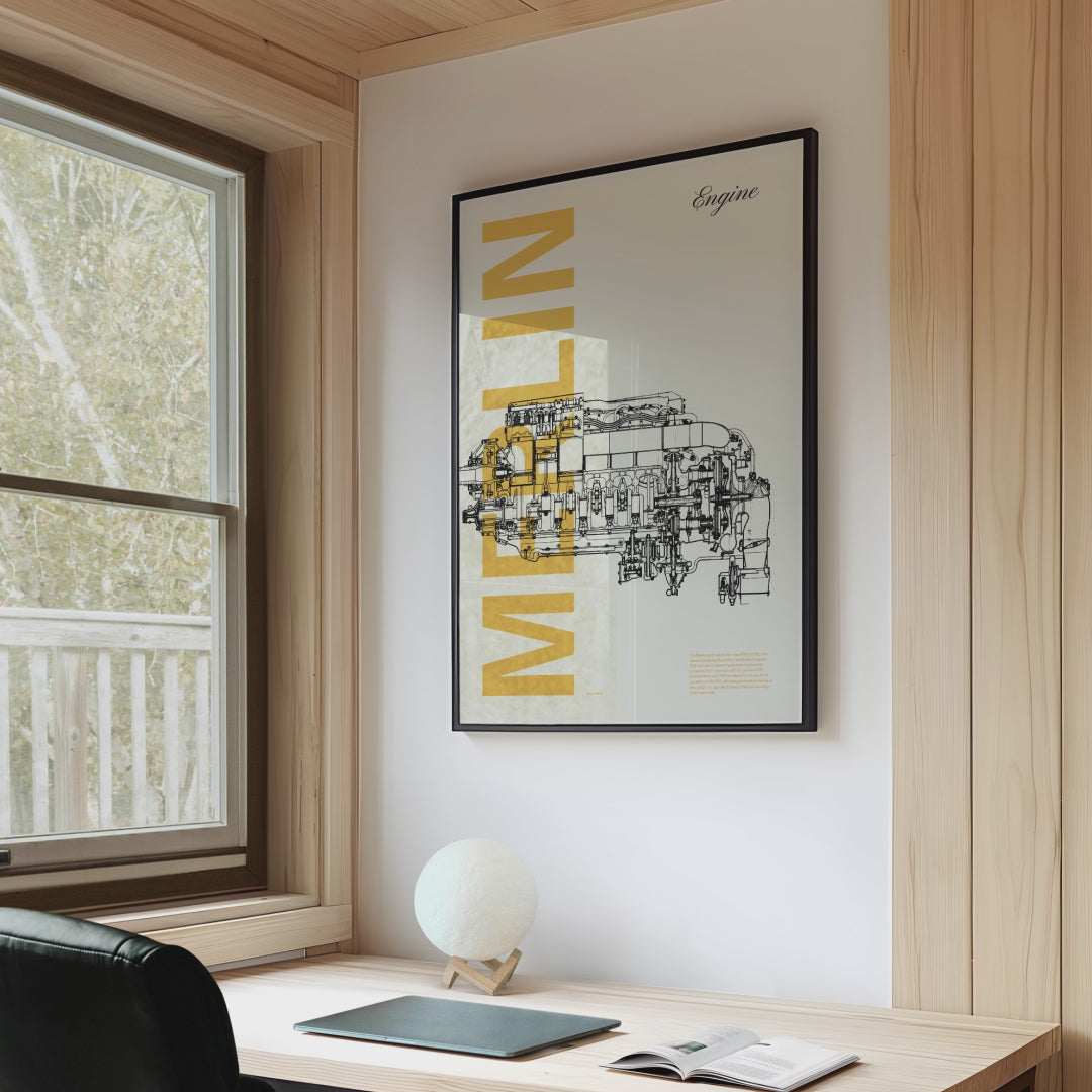 Framed poster displayed in variety of scenes. The poster shows a Merlin aircraft engine in line drawing style with the word Merlin written big in mustard yellow