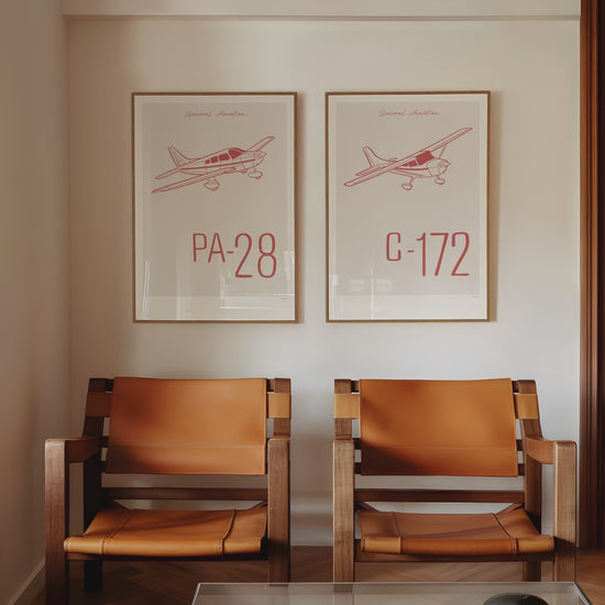 2 Framed poster displayed in variety of scenes. Each shows a light aircraft illustration with the words General Aviation and the aircraft name in red