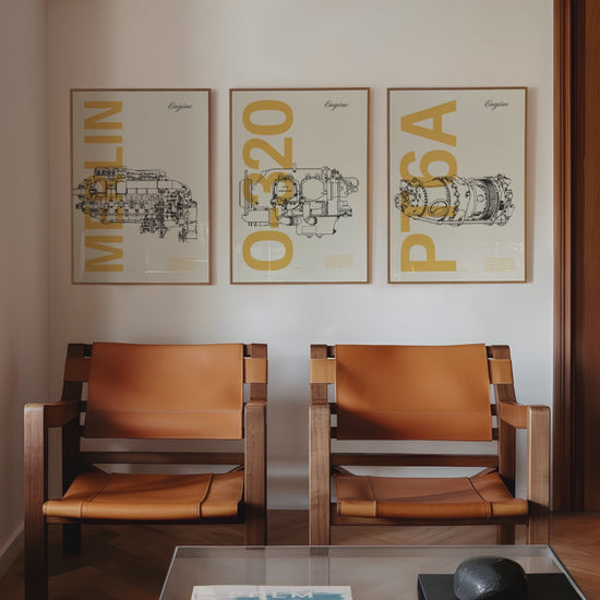 3 Framed posters displayed in variety of scenes. Each shows a famous aircraft engines in line drawing style, with the engine name written big in mustard yellow