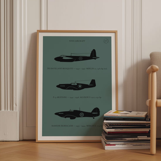 Framed poster displayed in variety of scenes. The poster shows the profiles of three WW2 period aeroplanes in a black silhouette style over a dark green background 