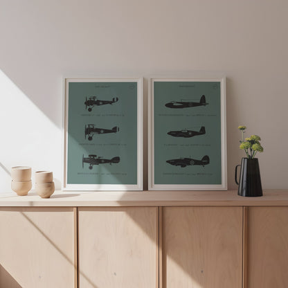 2 Framed posters displayed in variety of scenes. Each shows the profiles of 3 historic aeroplanes in a black silhouette style over a dark green background 