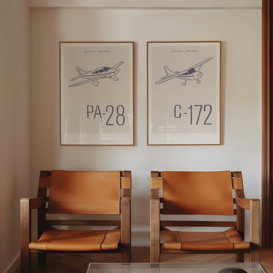 2 Framed posters displayed in variety of scenes. Each shows a light aircraft illustration with the words General Aviation and the aircraft name in blue